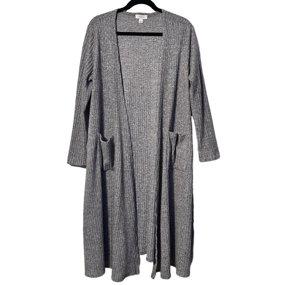 LuLaRoe Long Gray  Ribbed Open Front Cardigan With Pockets Size Large - Picture 1 of 3